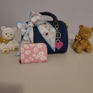 Womens Denim Crossbody Handbag with Pink Floral Wallet